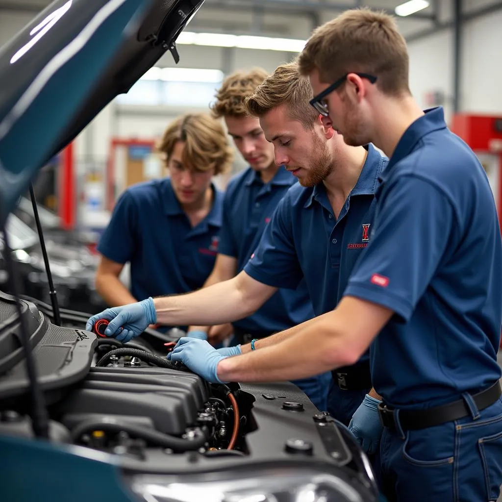 Students working on a car engine in an automotive lab