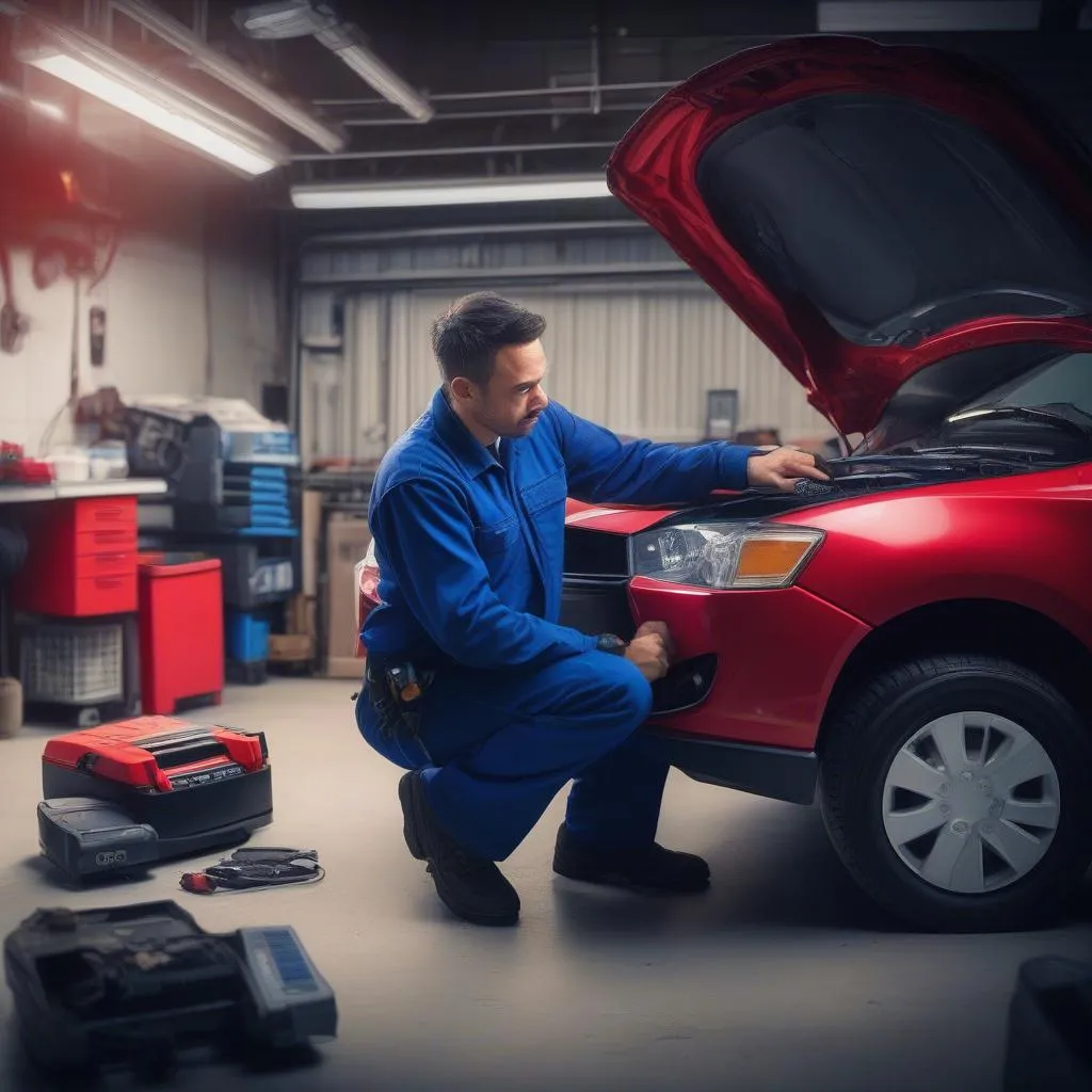 Mechanic using a Mitsubishi diagnostic scan tool to diagnose a car problem.