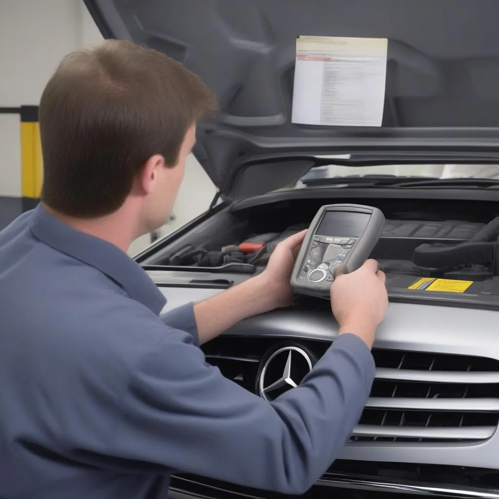 A mechanic using the ML430 ETS Scan Tool to diagnose a problem with a Mercedes ML430