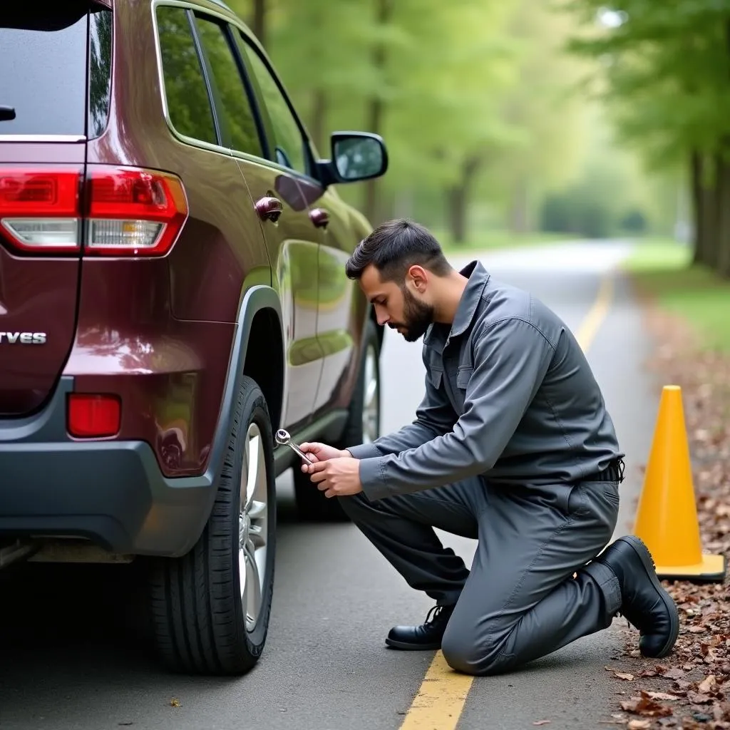 Mobile Mechanic Fixing Flat Tire