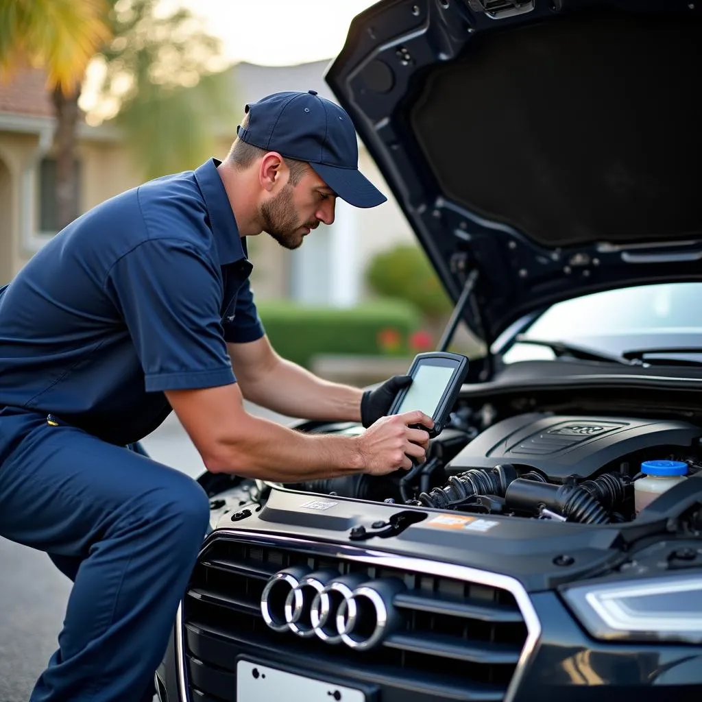 Mechanic using a scanner on a car's engine