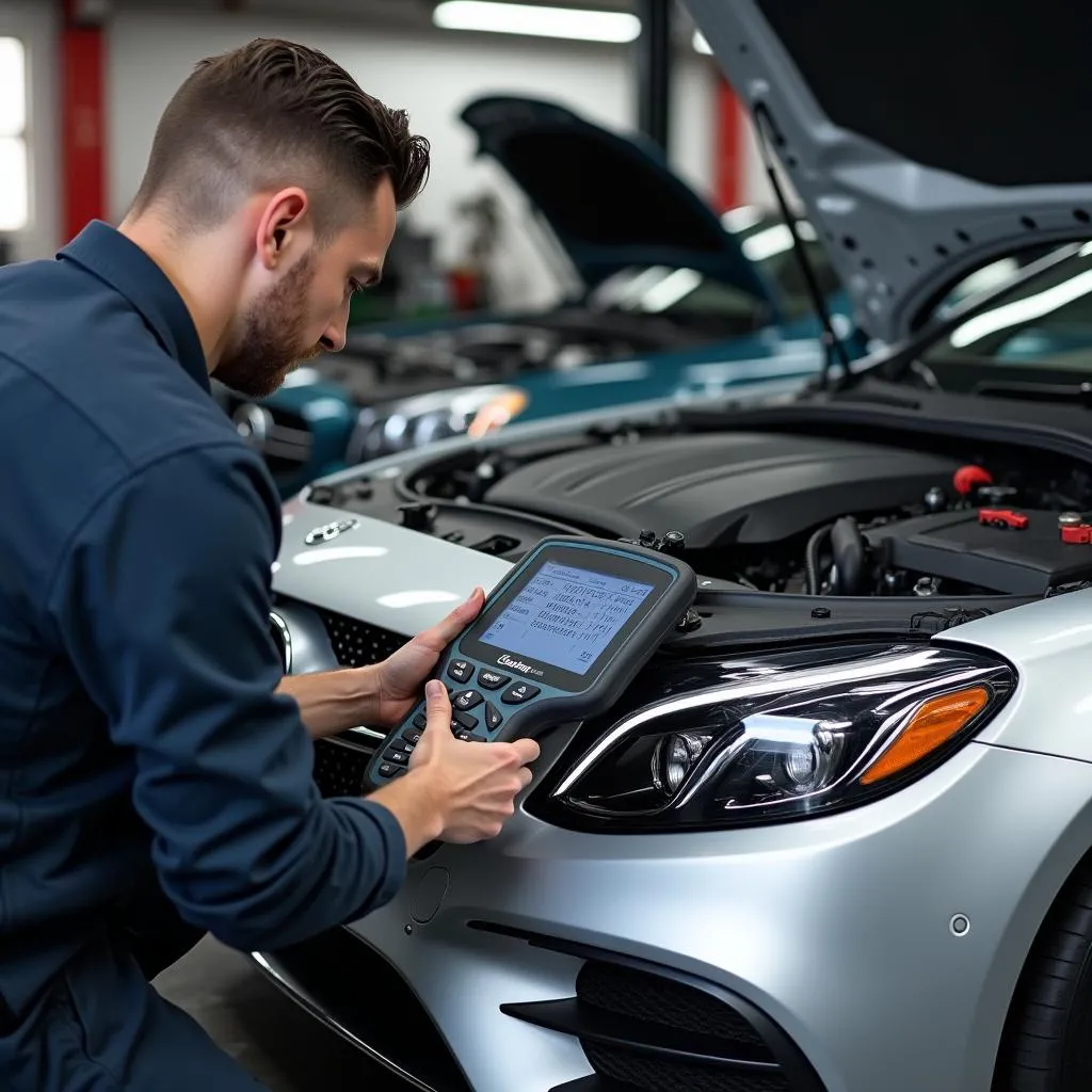 Mechanic using a mode  scan tool for car diagnostics