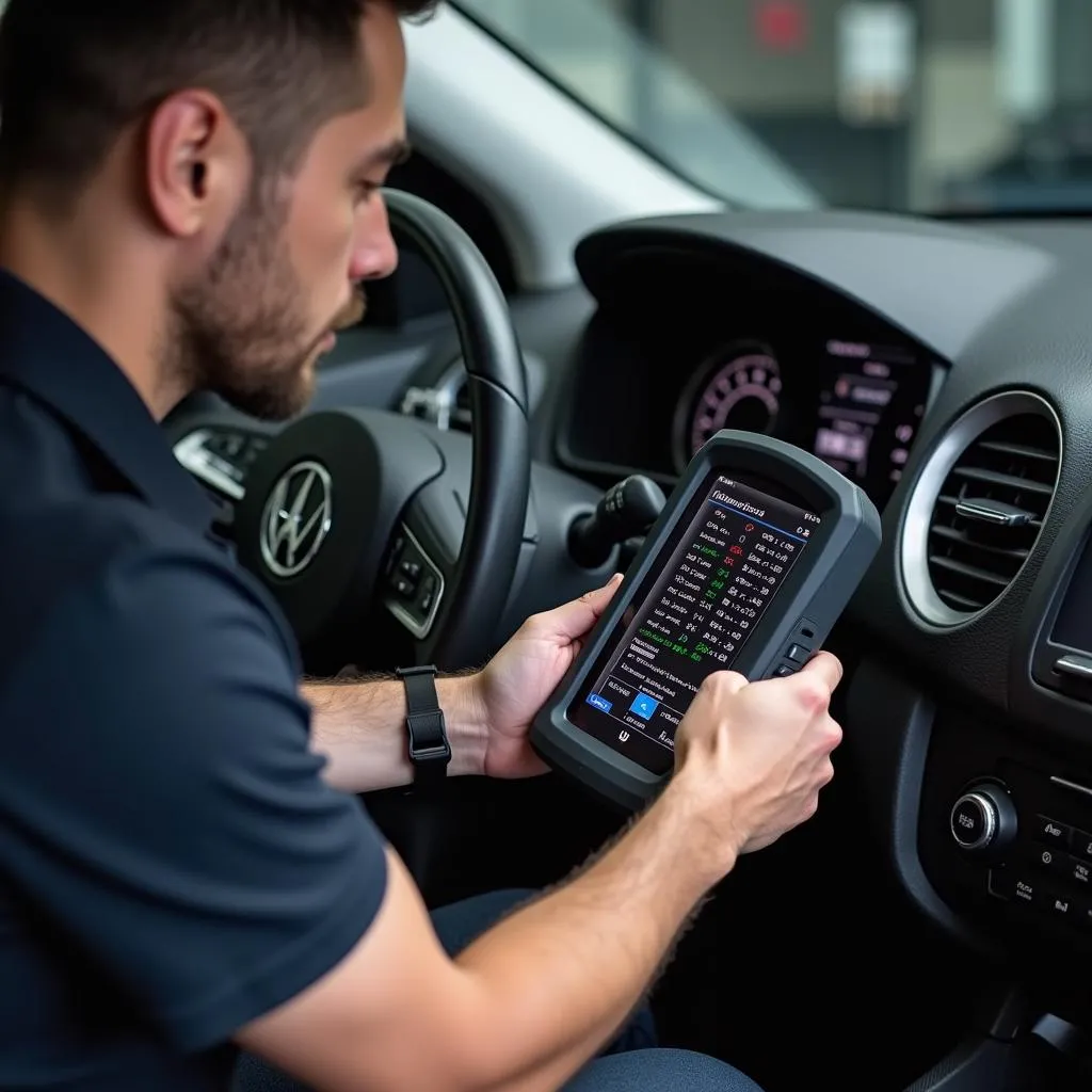 Mechanic using a mode 08 scan tool to diagnose a car