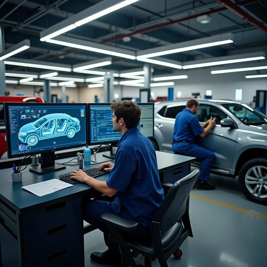 Modern auto repair shop with advanced diagnostic equipment