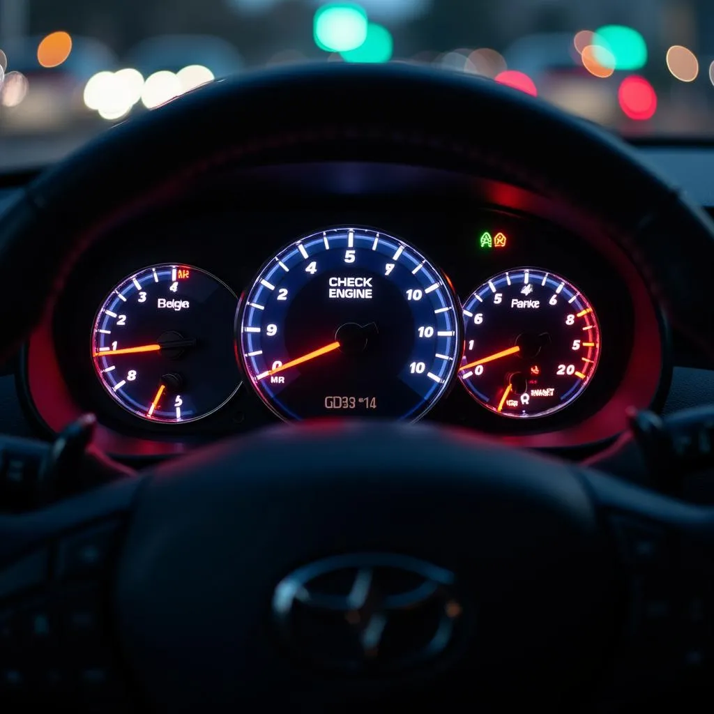 Modern car dashboard illuminated with various warning lights