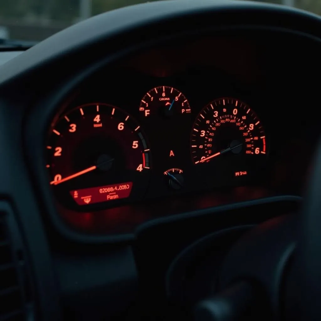 Dashboard illuminated with multiple warning lights