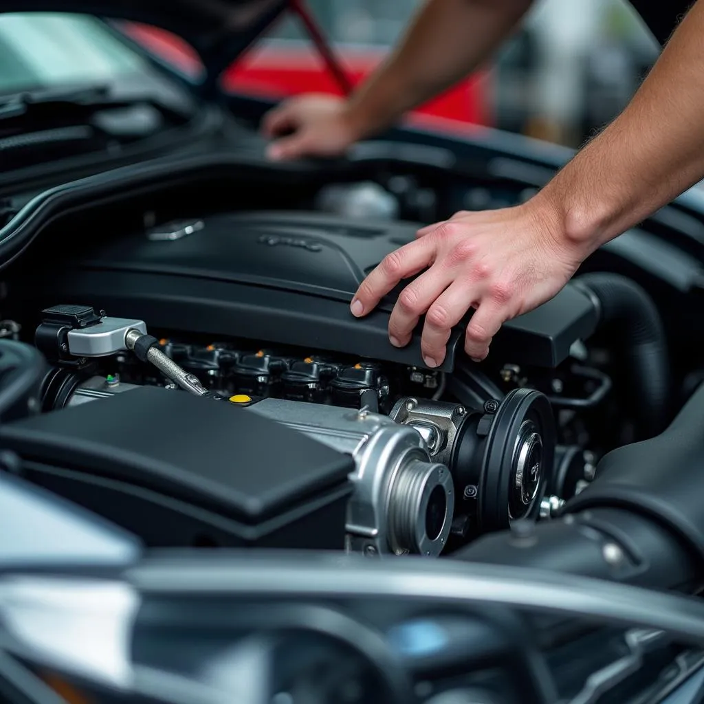 Modern car engine undergoing preventative maintenance