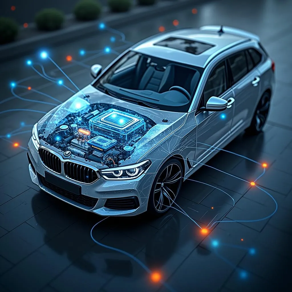 Modern Car Engine with Highlighted ECUs