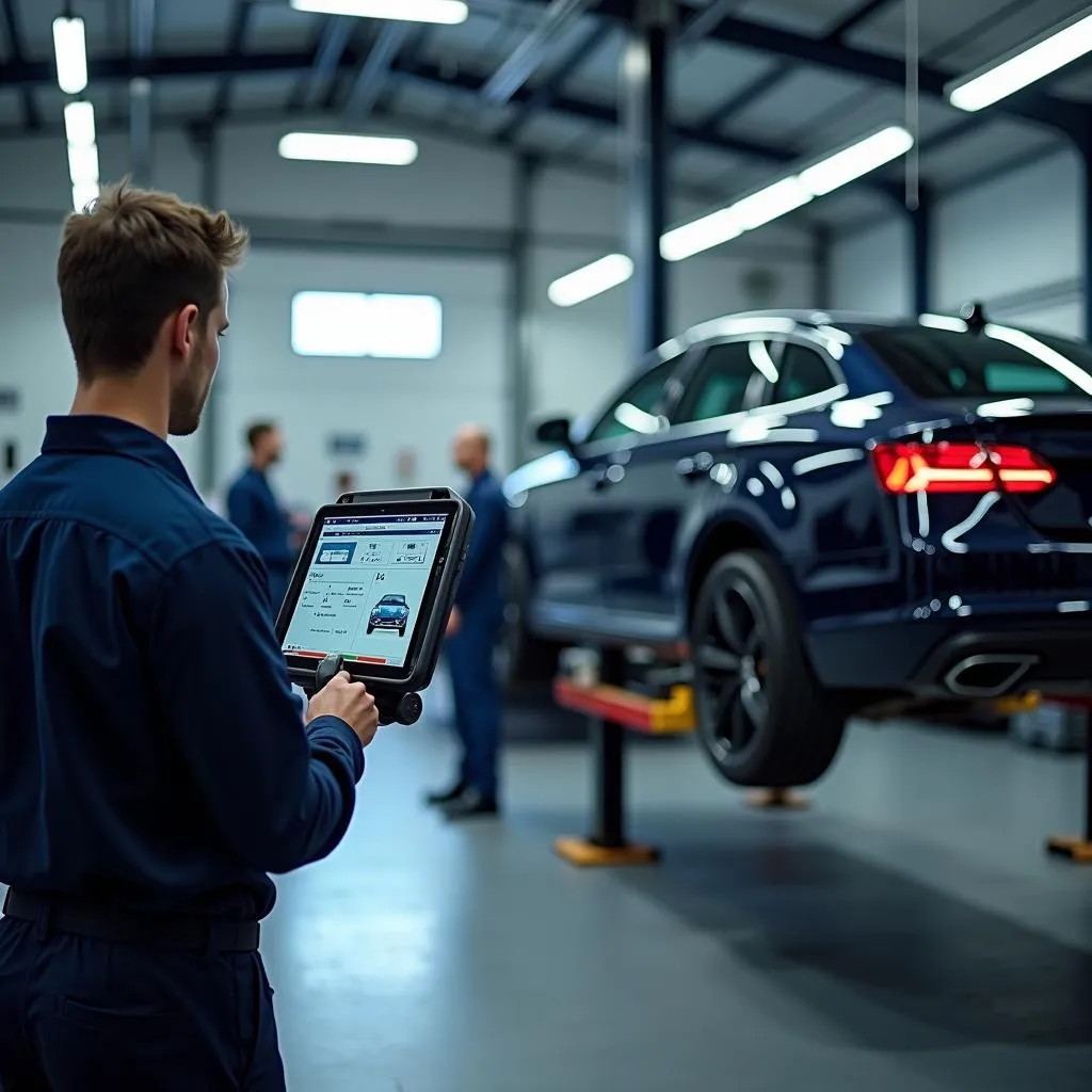 Mechanic diagnosing a vehicle in a modern repair shop