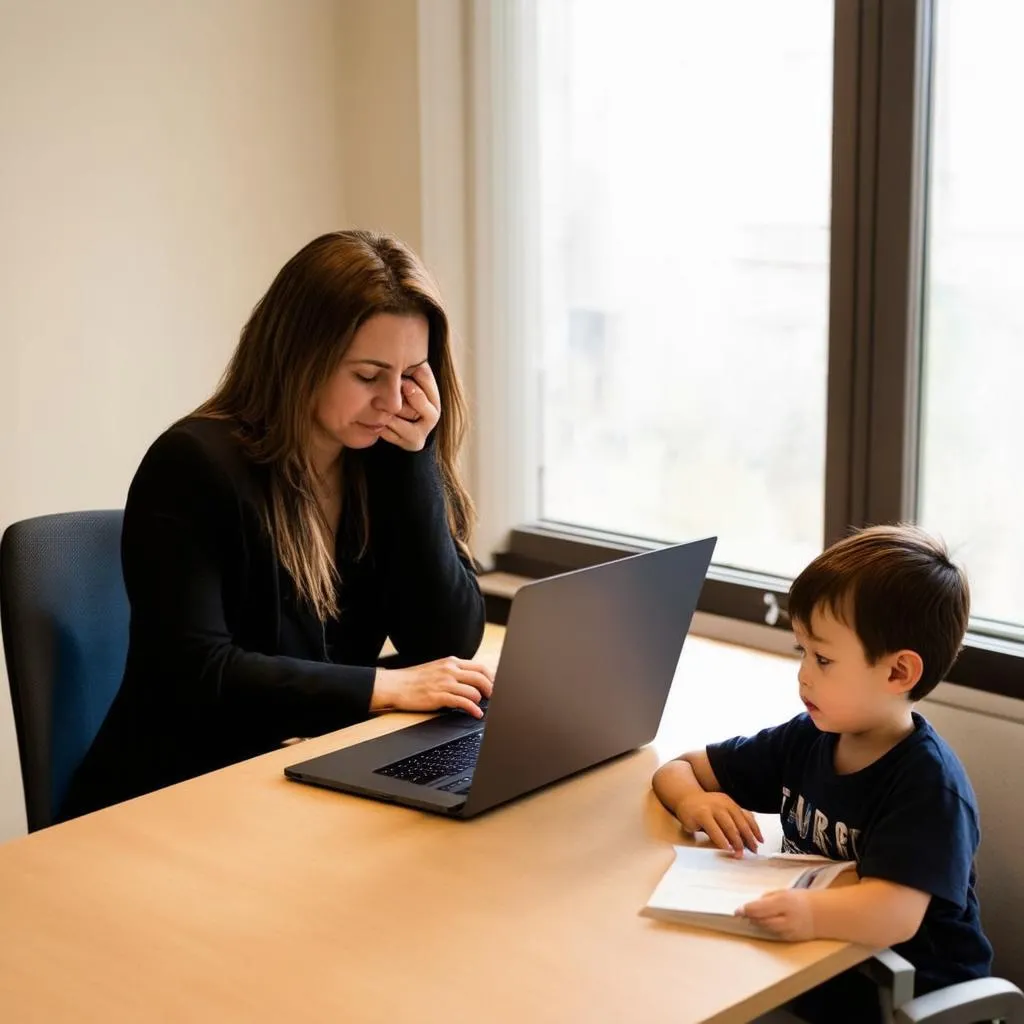 A woman working on a laptop, with a child playing beside her.