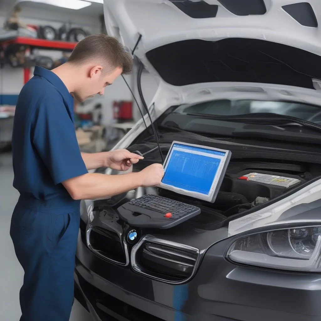 A technician using a Modis scan tool to diagnose a European car