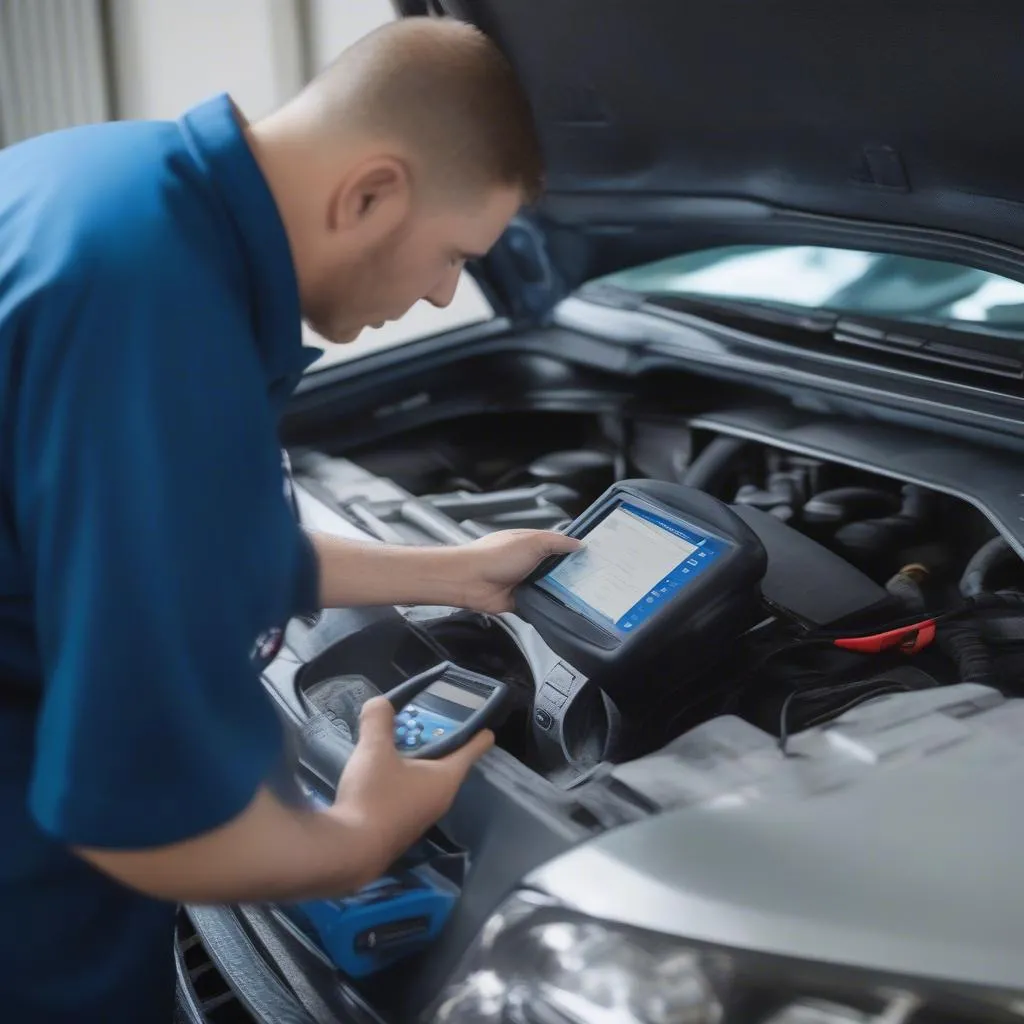 Mechanic using a MODIS scan tool to diagnose a car engine