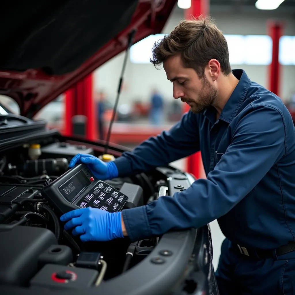 Mechanic using a Mopar scan tool to diagnose an engine issue in a Dodge Ram.