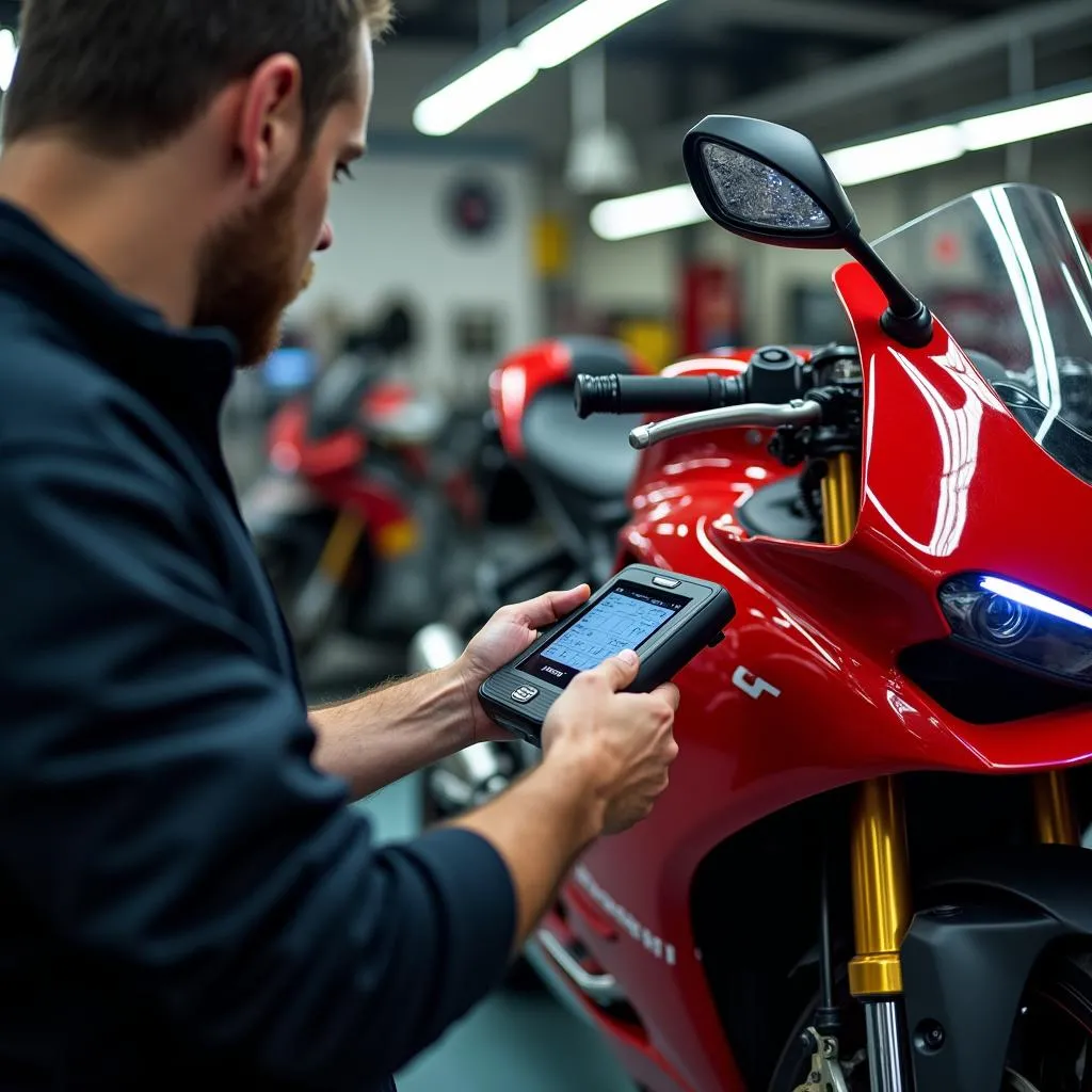 Mechanic using a motorcycle scan tool to diagnose a problem