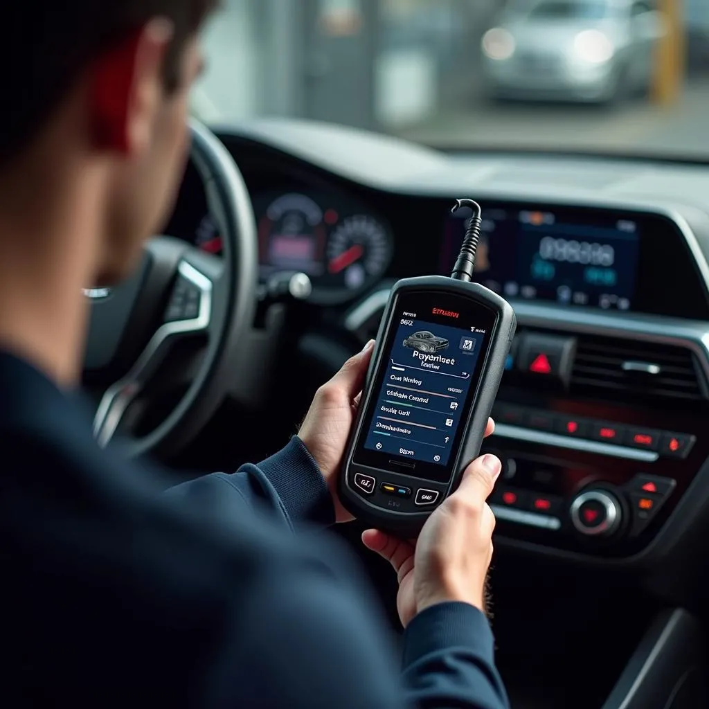 Mechanic connecting a multiplex OBD scan tool to a car's OBD-II port