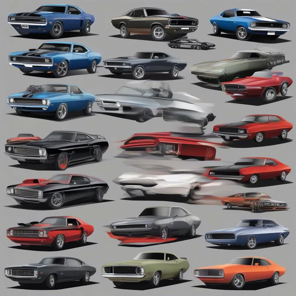 Popular Muscle Cars like Ford Mustang, Chevrolet Camaro, and Dodge Challenger