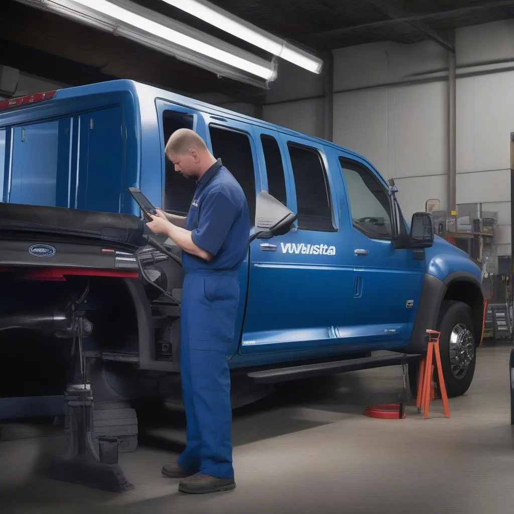 A mechanic using a Navistar International scan tool to diagnose a problem