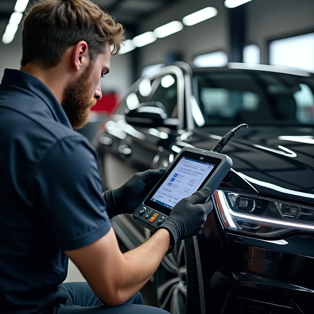 Mechanic using a network document scanning tool to diagnose an Audi A8