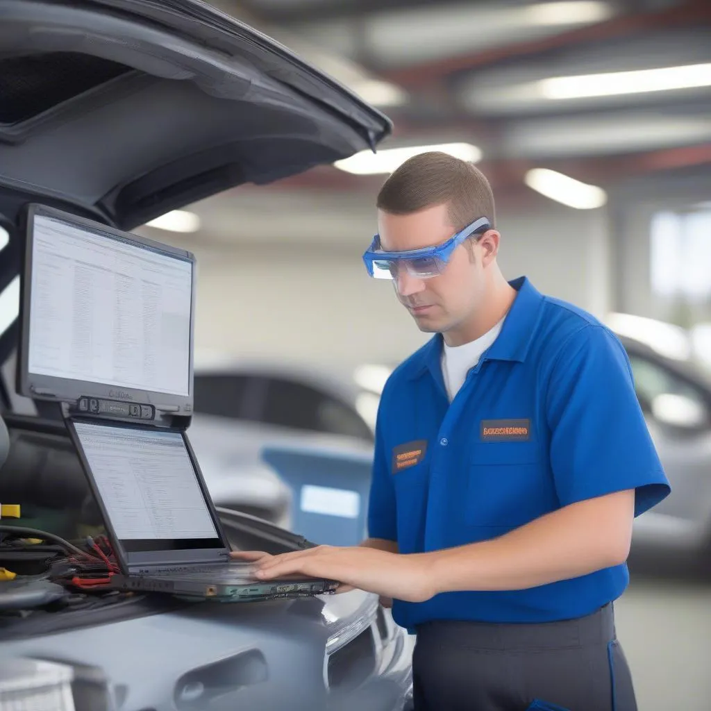 Automotive Technician using a network scan ping tool to diagnose a car's electrical system