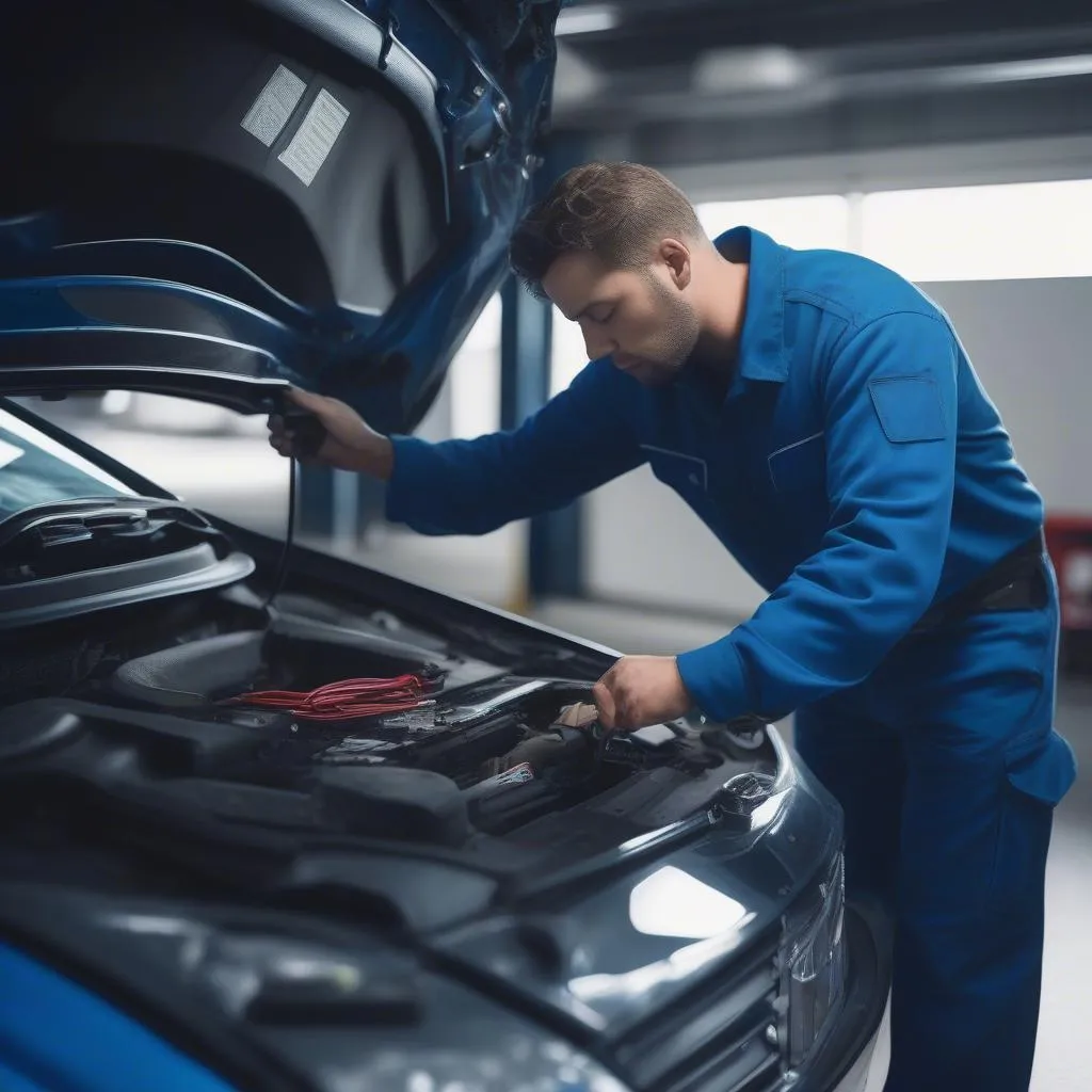 Mechanic using a network scanning tool on a car's engine