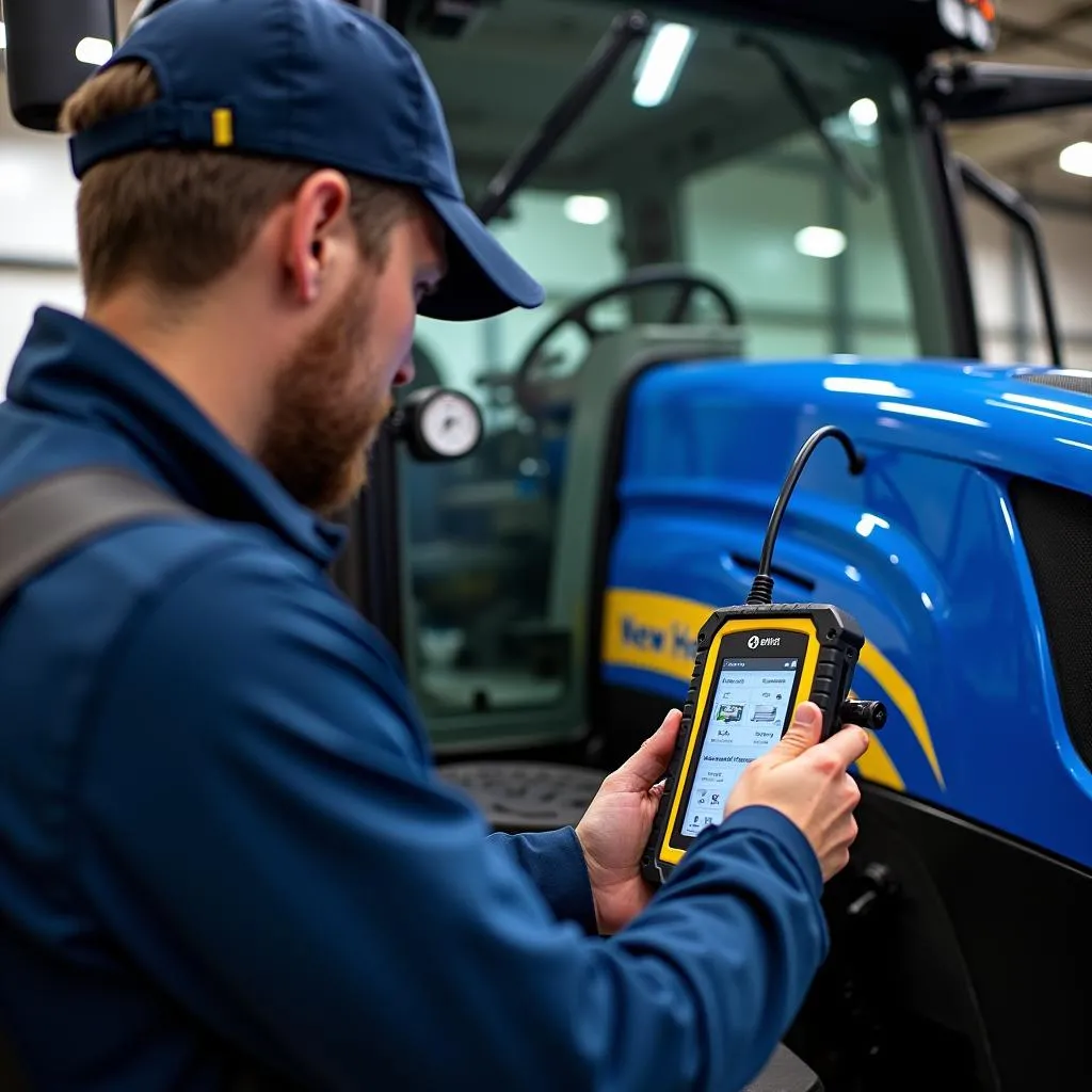 Mechanic Using Scan Tool on New Holland Tractor