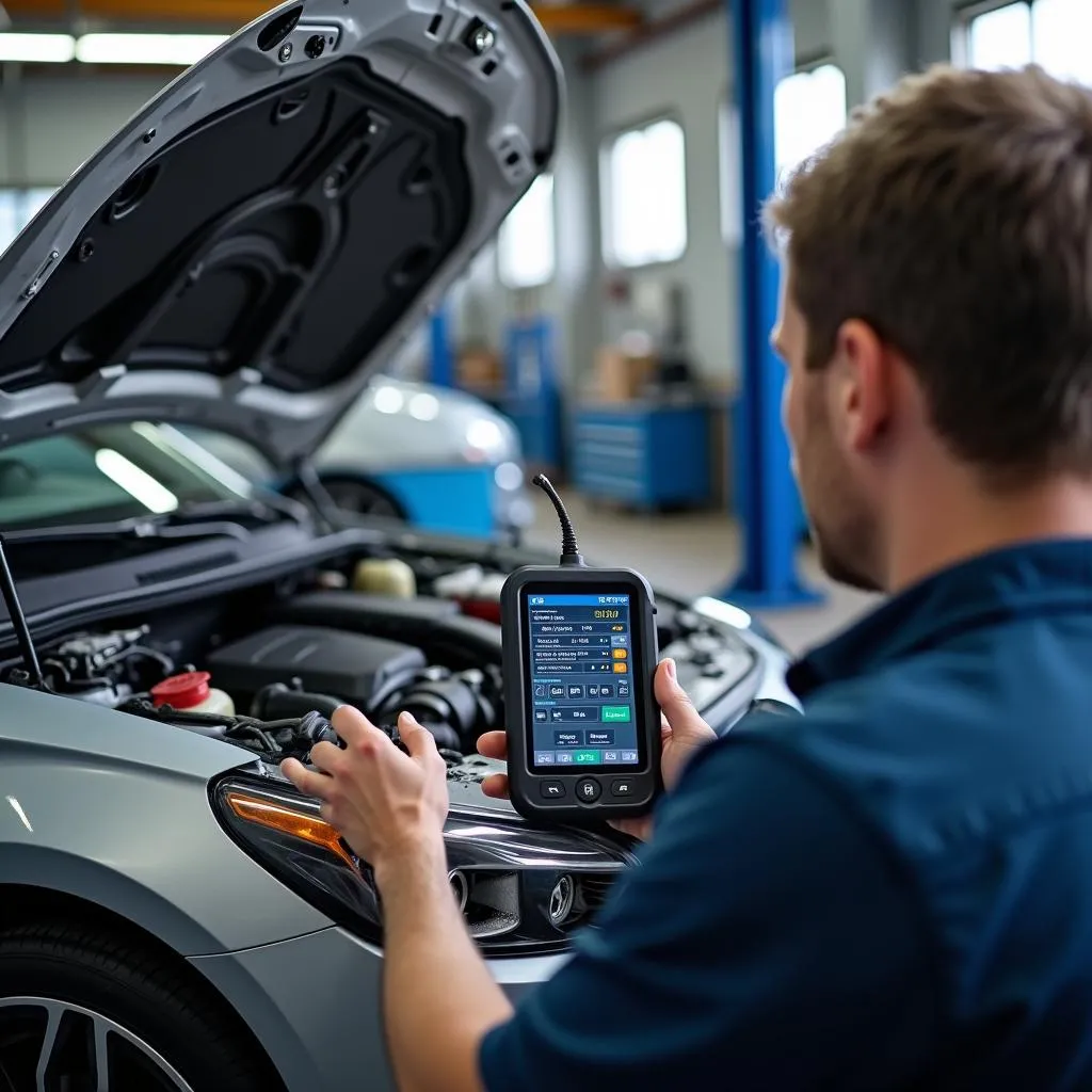 Mechanic using a new launch scan tool to diagnose a car engine