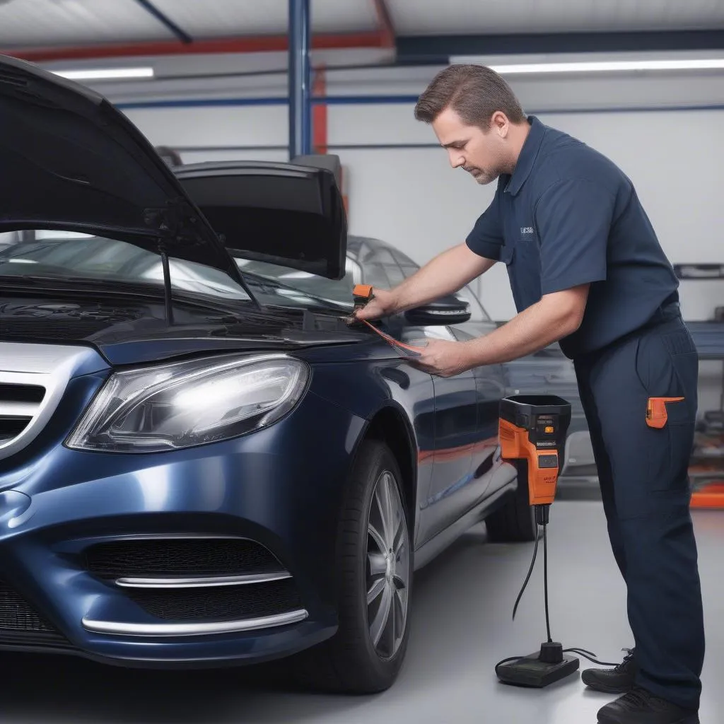 Mechanic using Nexas NS202 scan tool on a European car