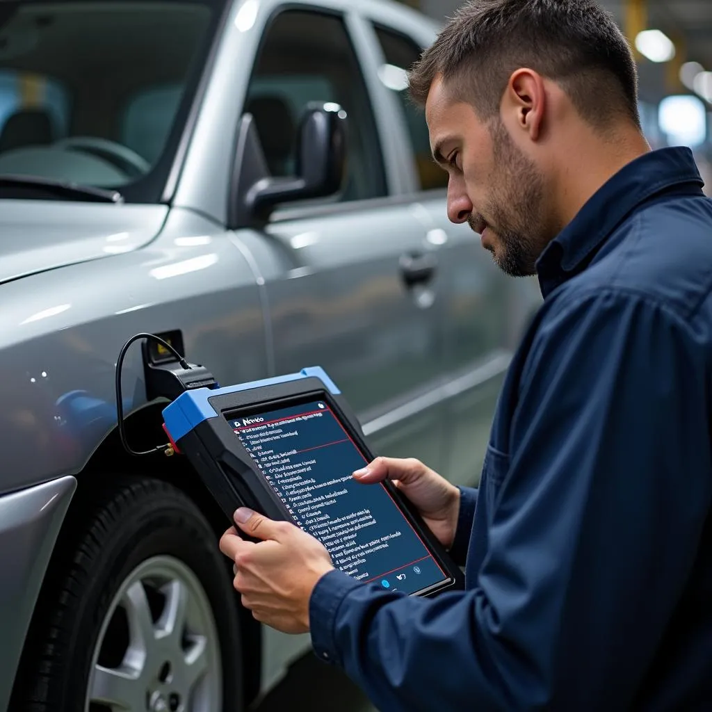 Mechanic using a Nexus scanning tool to diagnose a car problem