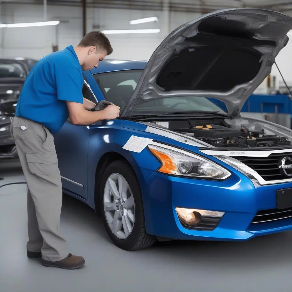 Mechanic using a Nissan factory scan tool