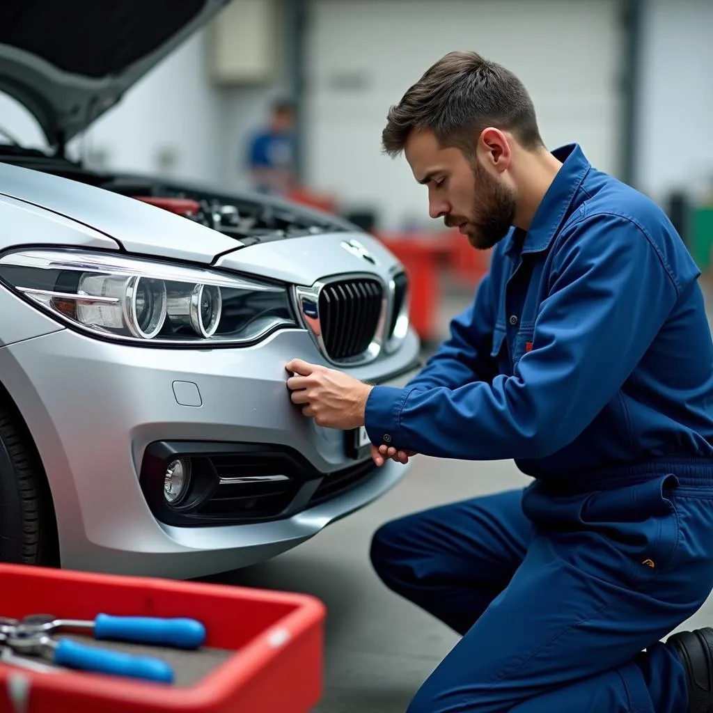 Mechanic inspecting car damage