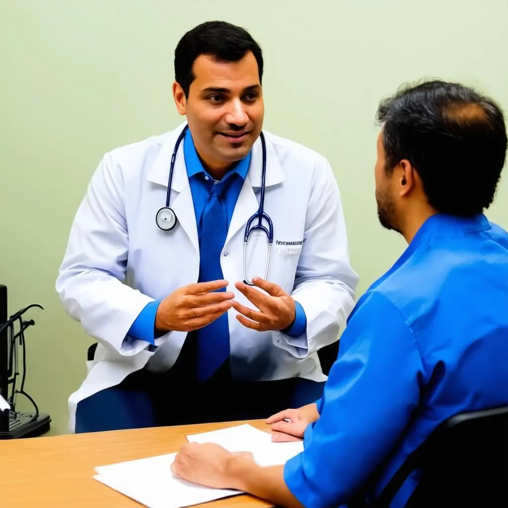 A doctor talking to a patient in an exam room