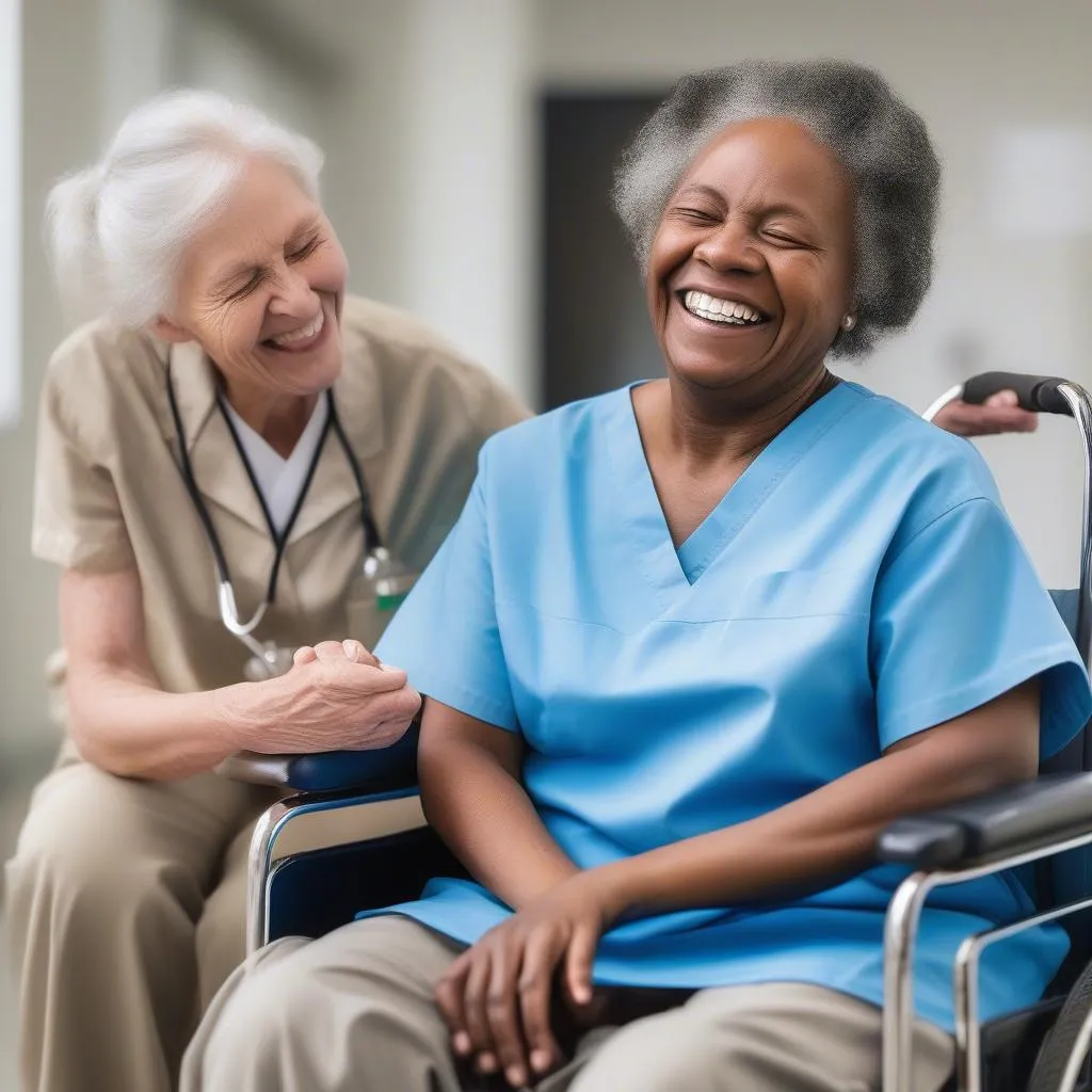 Nurse and patient laughing together