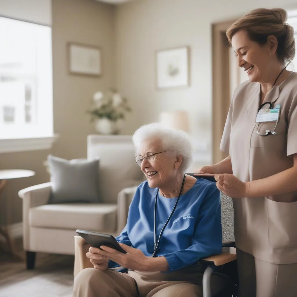 Nurse using Point Click Care on a tablet