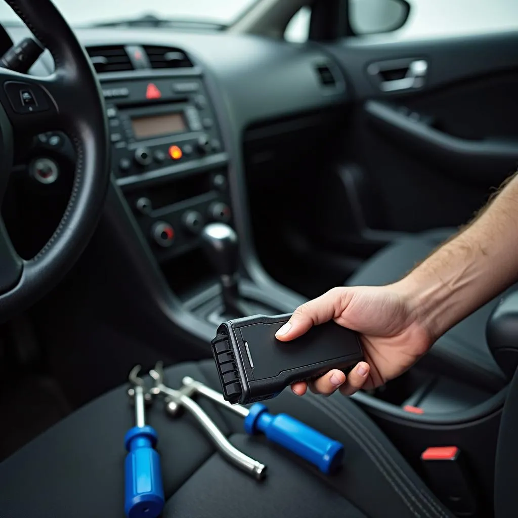 OBD-II scanner connected to a car's diagnostic port