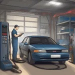 Mechanic using an OBD programmer on a car