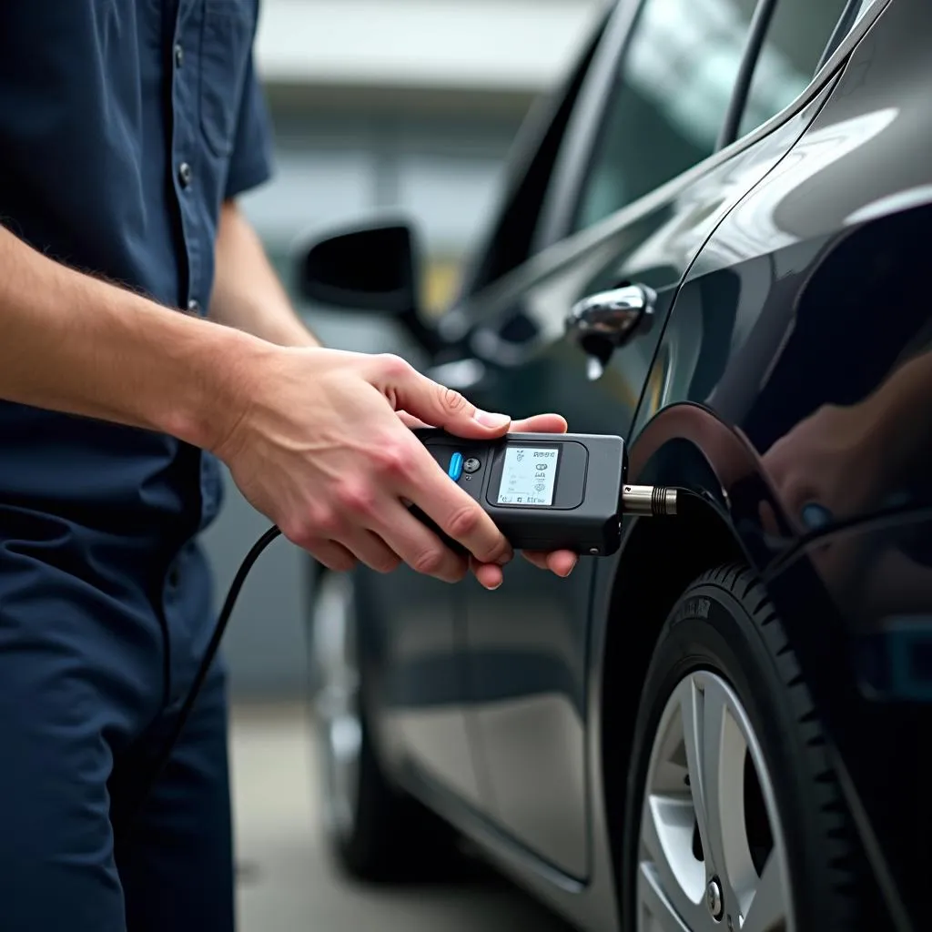 Mechanic connecting an OBD scanner to a car's diagnostic port