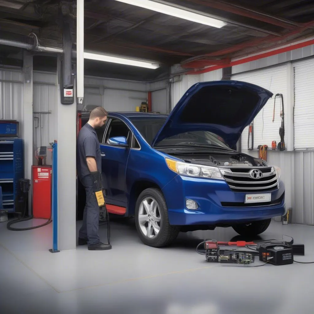 Mechanic using an OBD scanner on a car