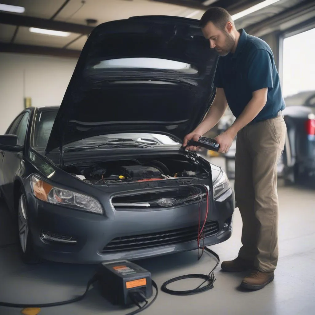 Mechanic using an OBD scanner to diagnose a car's SRS system