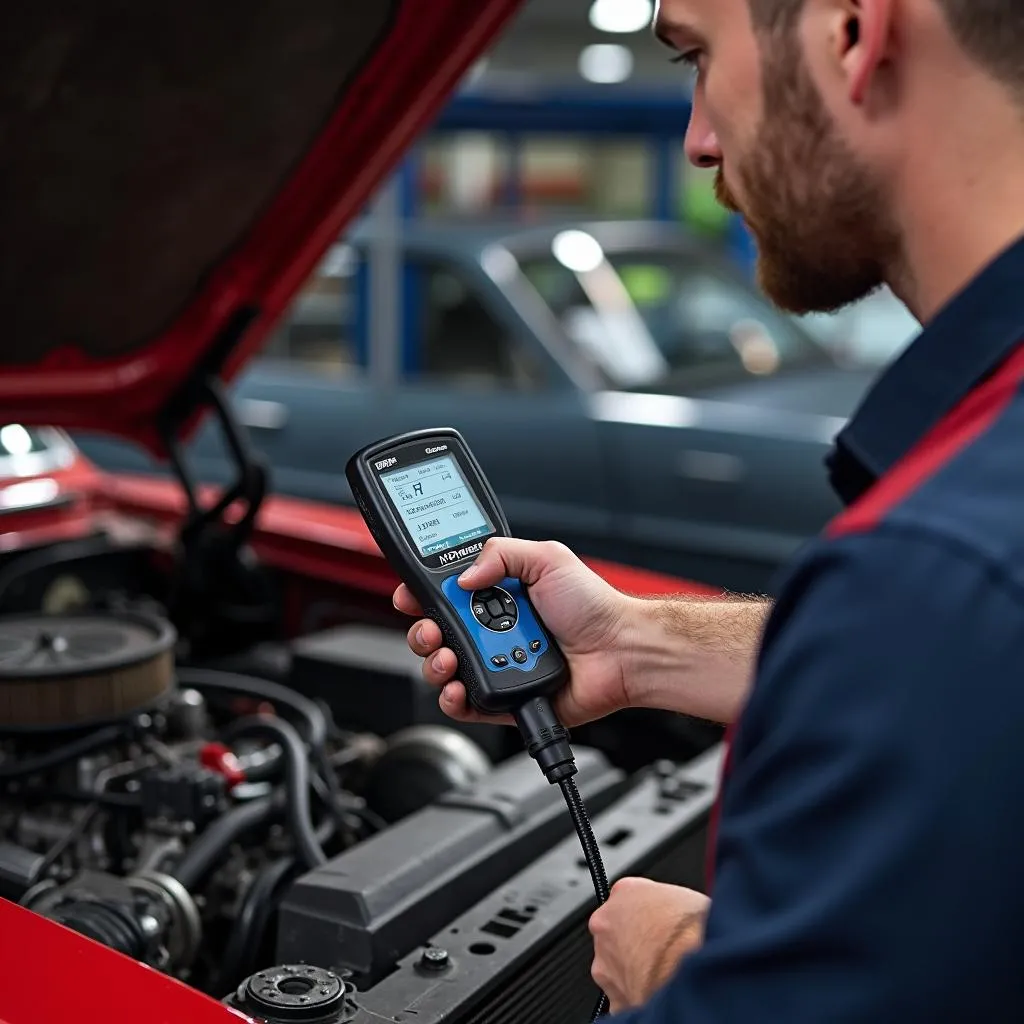 Mechanic using an OBD1 scan tool on a classic car