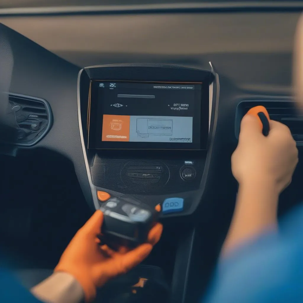 A close-up photo of a mechanic using an OBD11 scan tool on a car's dashboard.