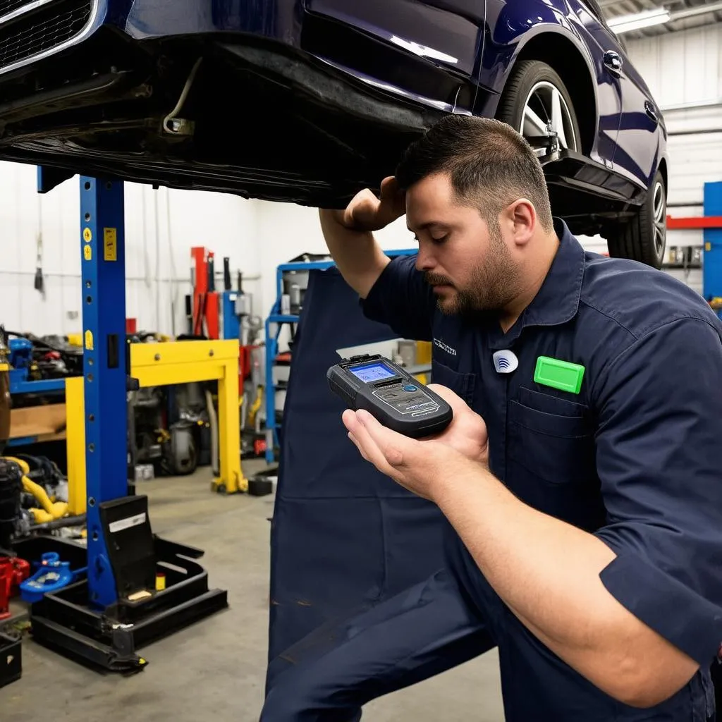 Mechanic using an OBD2 reader on a car