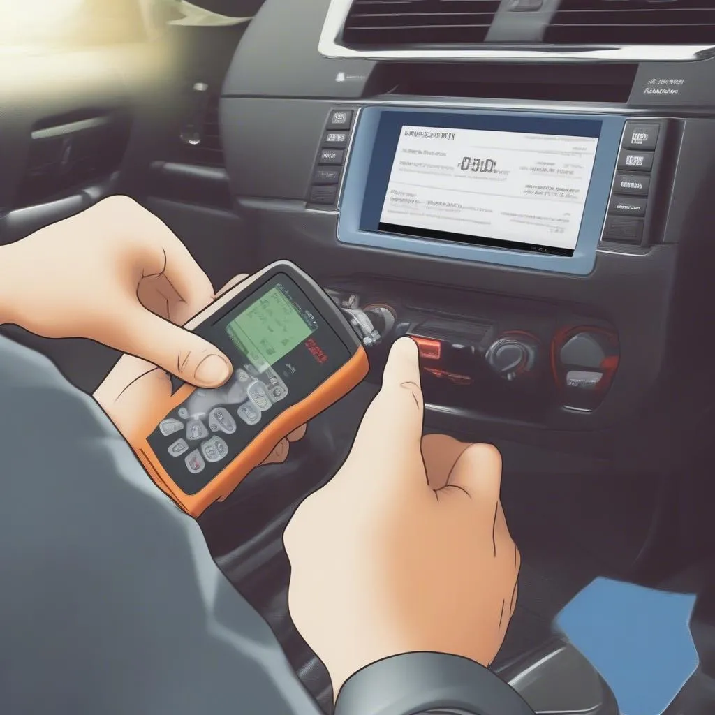 A person using an OBD2 scan tool to diagnose a problem with their Mitsubishi