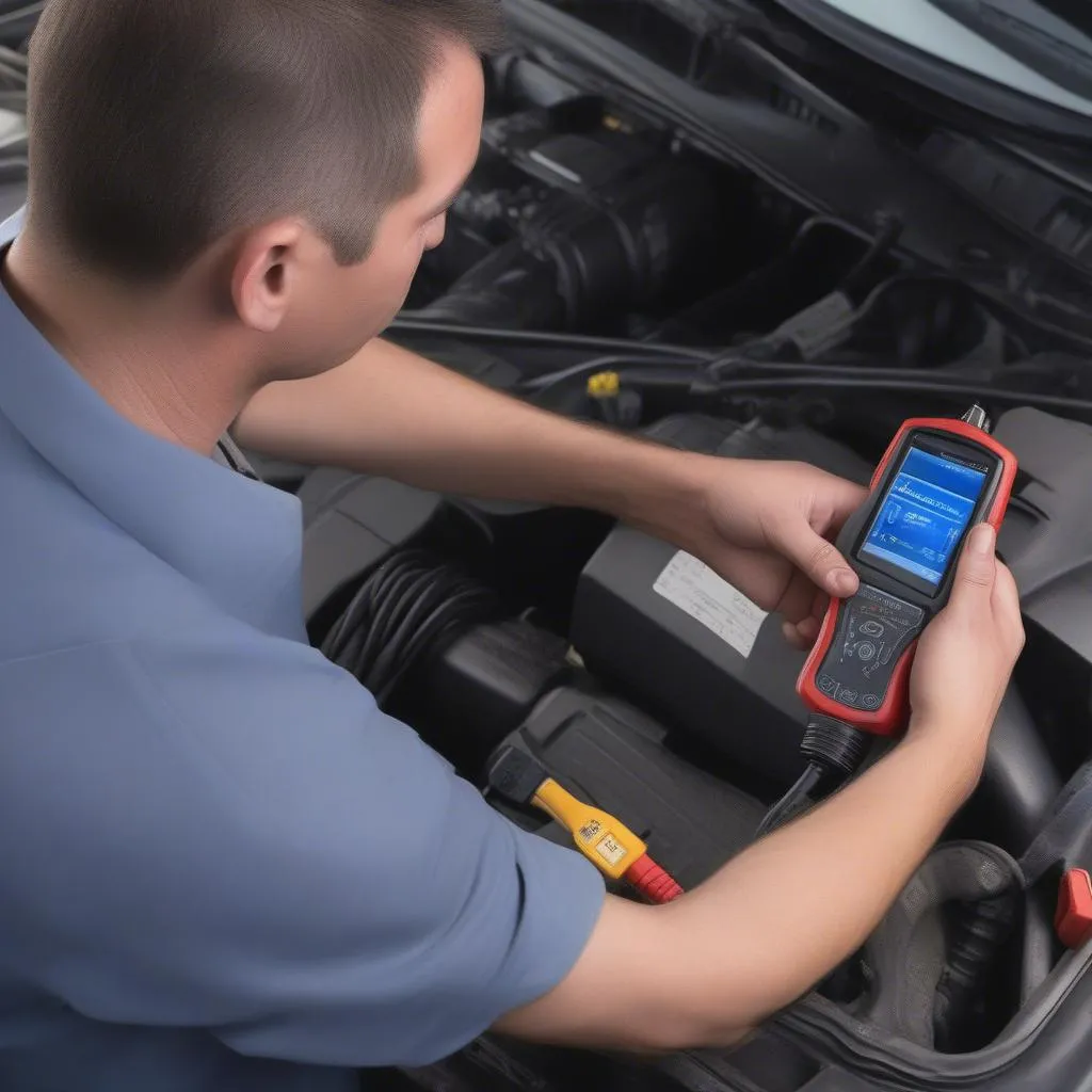 A technician using an OBD2 bi-directional scan tool to diagnose a rough idle problem