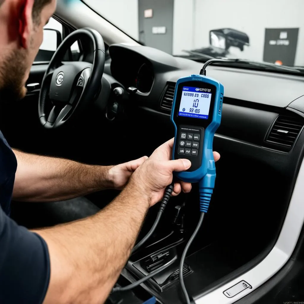 Mechanic using an OBD2 scanner on a car