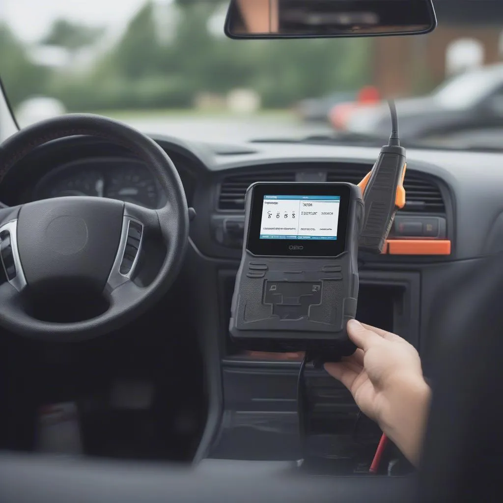 Mechanic using an OBD2 scanner on a car