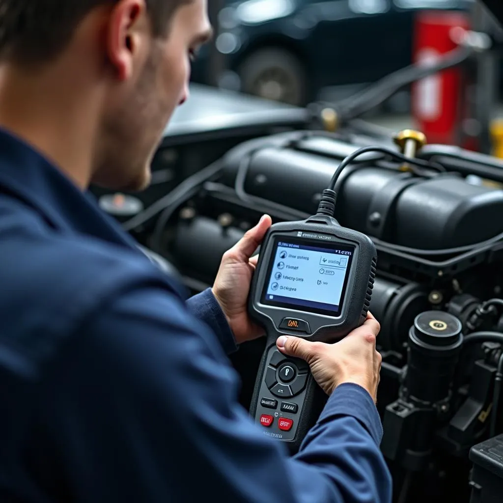 Mechanic using obdii multilingual scan tool