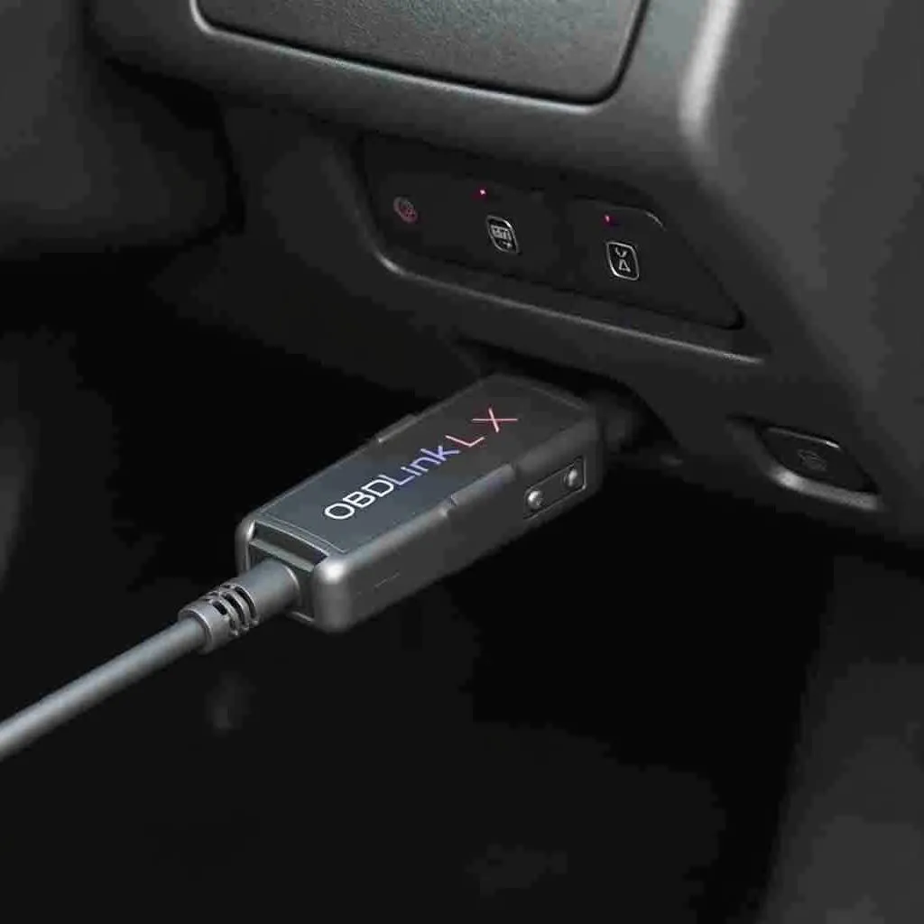 OBDLink LX Bluetooth scanner connected to a car's OBD2 port