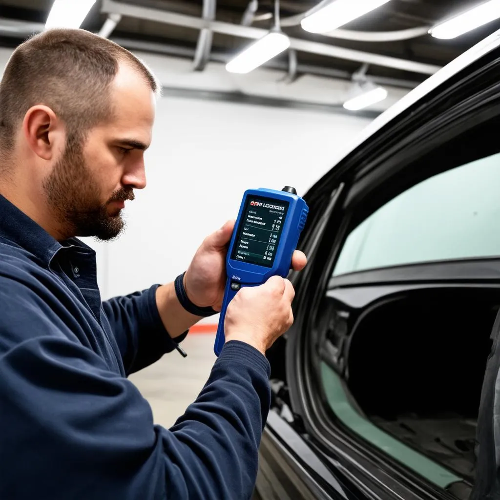 car mechanic using an oem scanner to diagnose a car