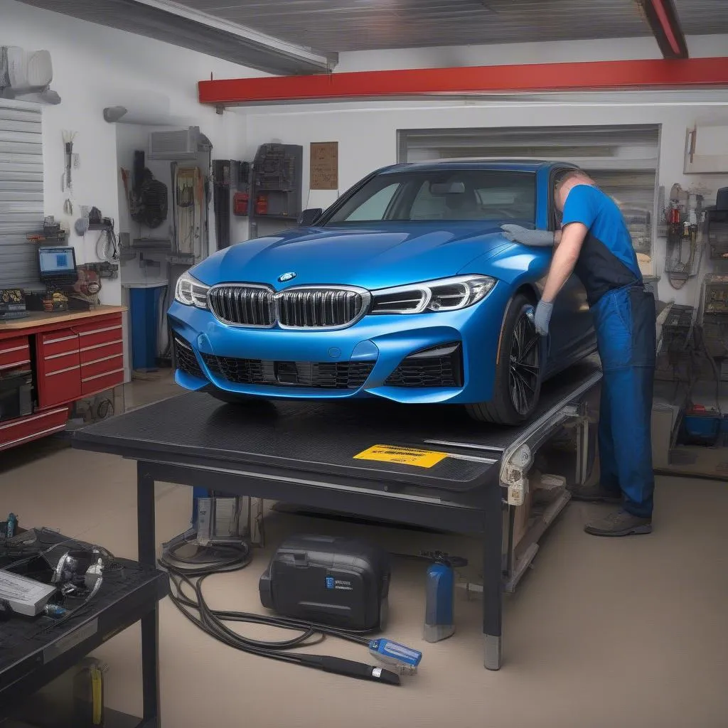 Mechanic using an offcat scan tool on a BMW