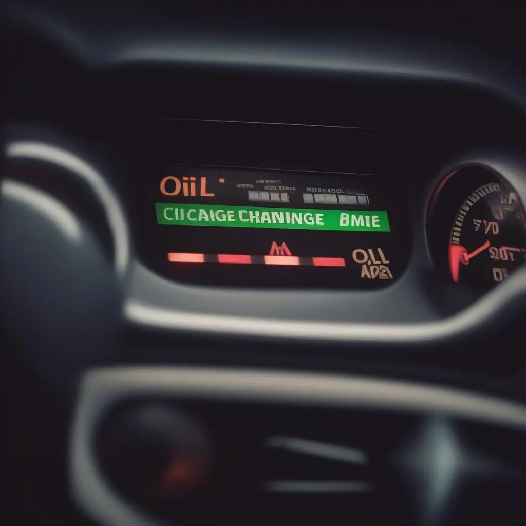 Car dashboard with oil change warning light on